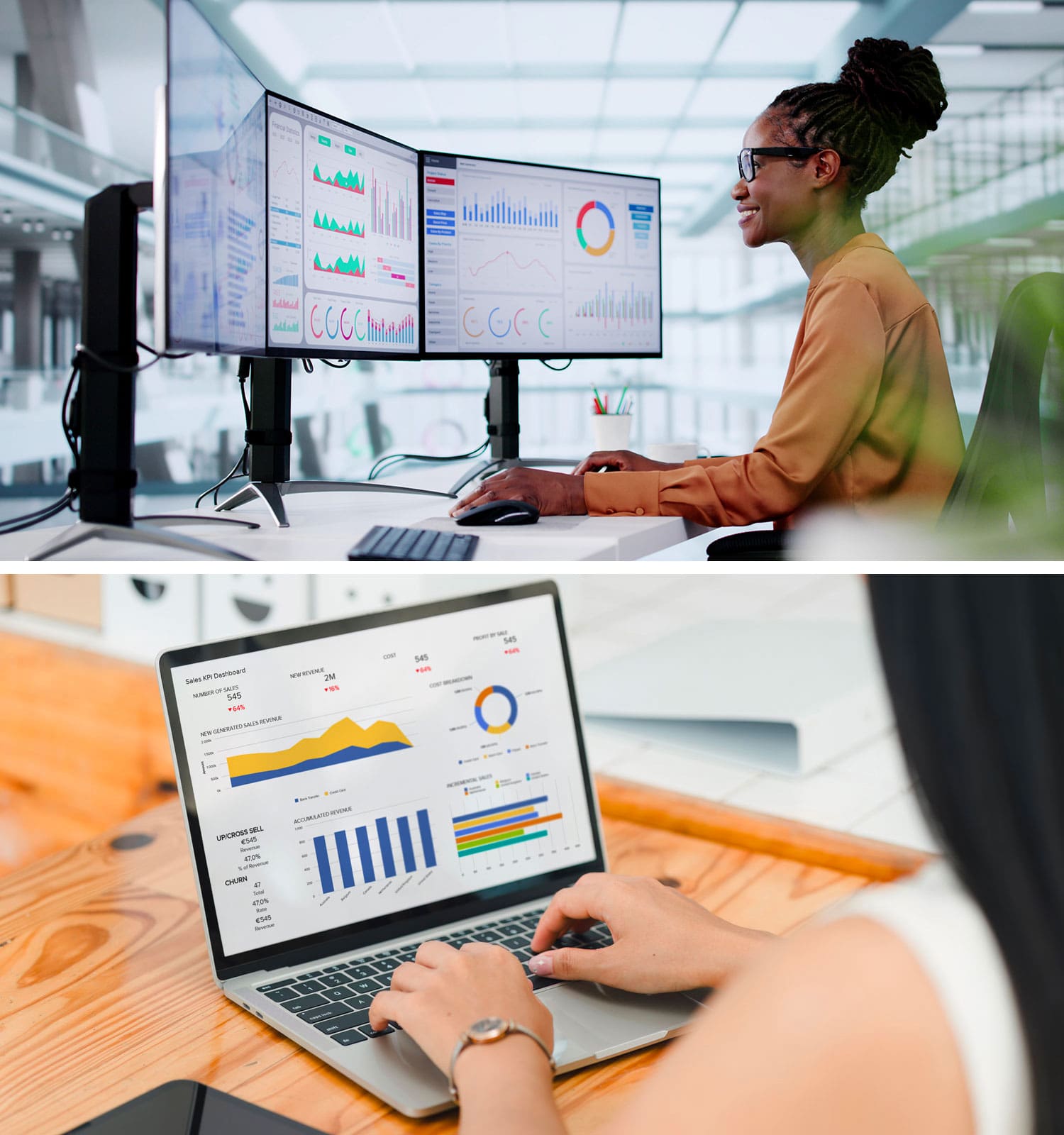 Two people working on data analysis screens, one with dual monitors and one on a laptop.
