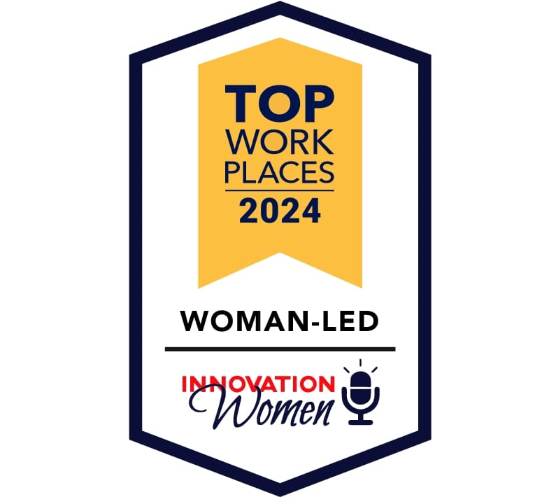 Award badge for top workplaces 2024, woman-led, Innovation Women logo.