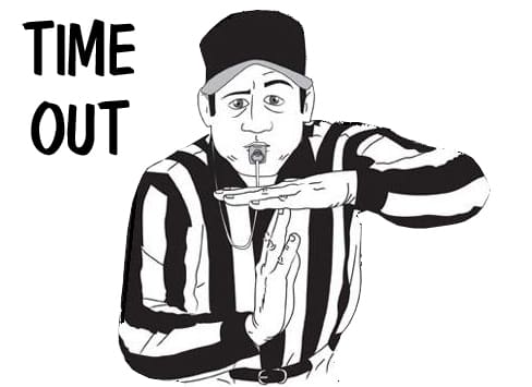 Drawing of a referee, text reads 'TIME OUT'