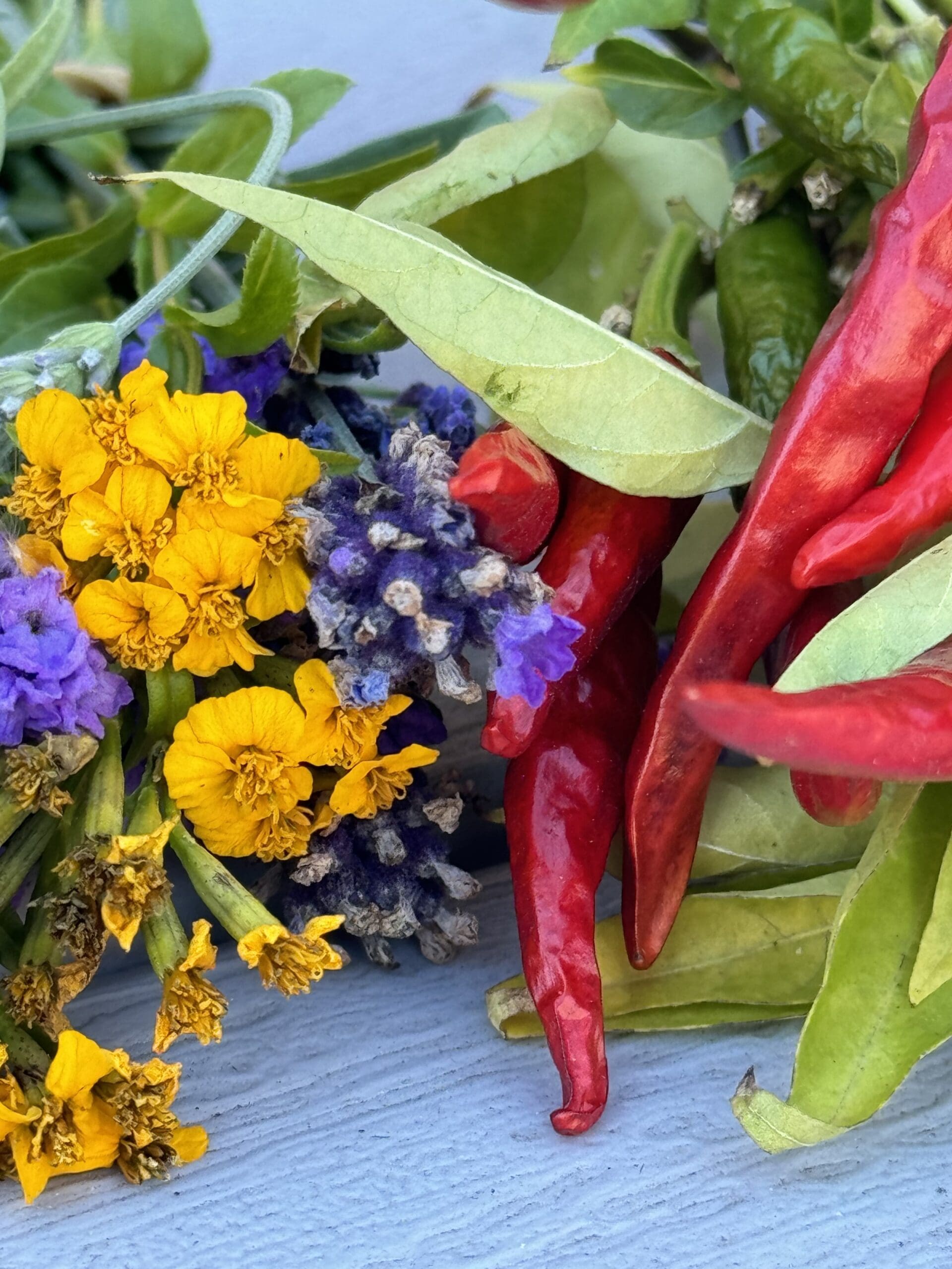 An arrangement of dried yellow, purple, and blue flowers with green leaves and red chili peppers.