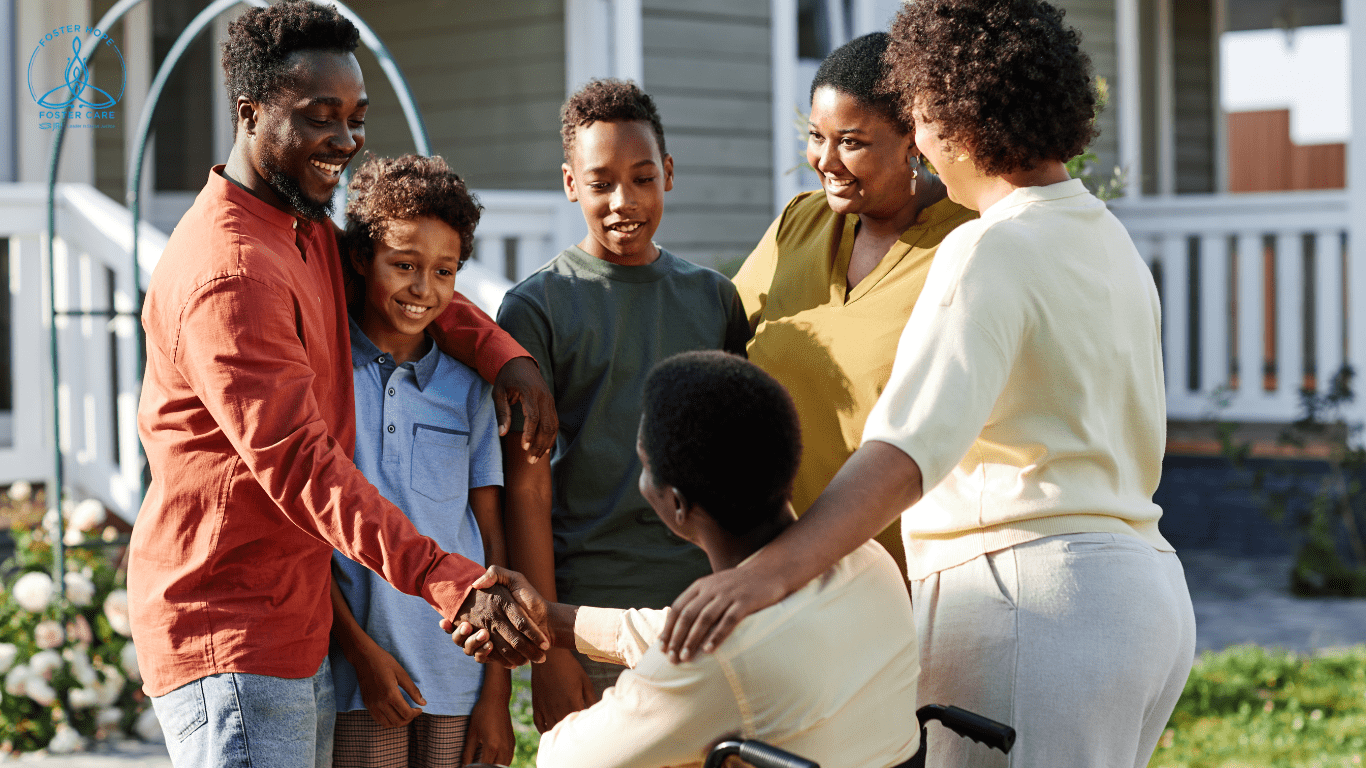 Group of children and adults outdoors, smiling and shaking hands.