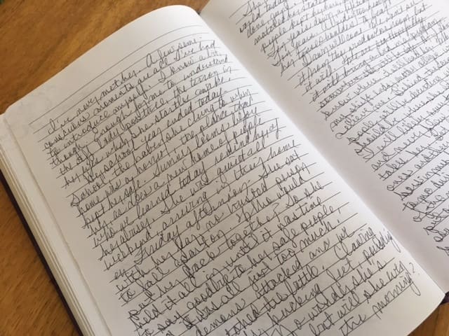 Open notebook with handwritten notes on lined paper